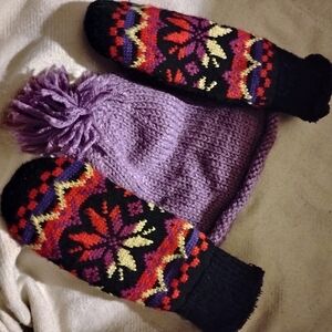 Cozy Purple Knit Hat and Colorful Mittens Set for Kids